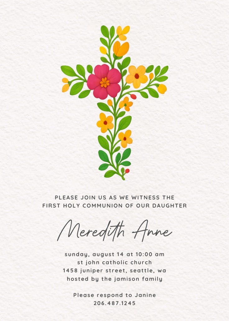 Floral cross - first holy communion invitation