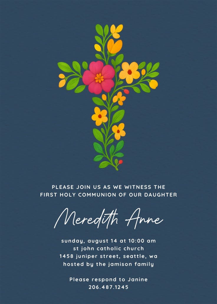 Floral cross - invitación de comunión