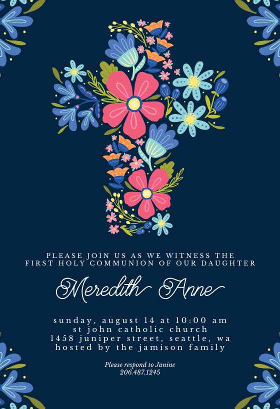 Floral cross - first holy communion invitation