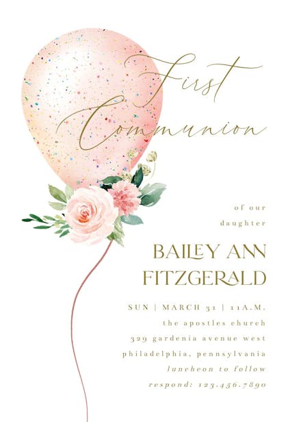 Floral glitter balloon - first holy communion invitation