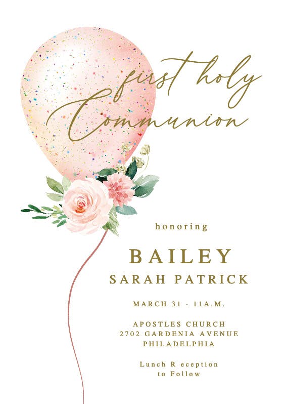 Floral glitter balloon - first holy communion invitation