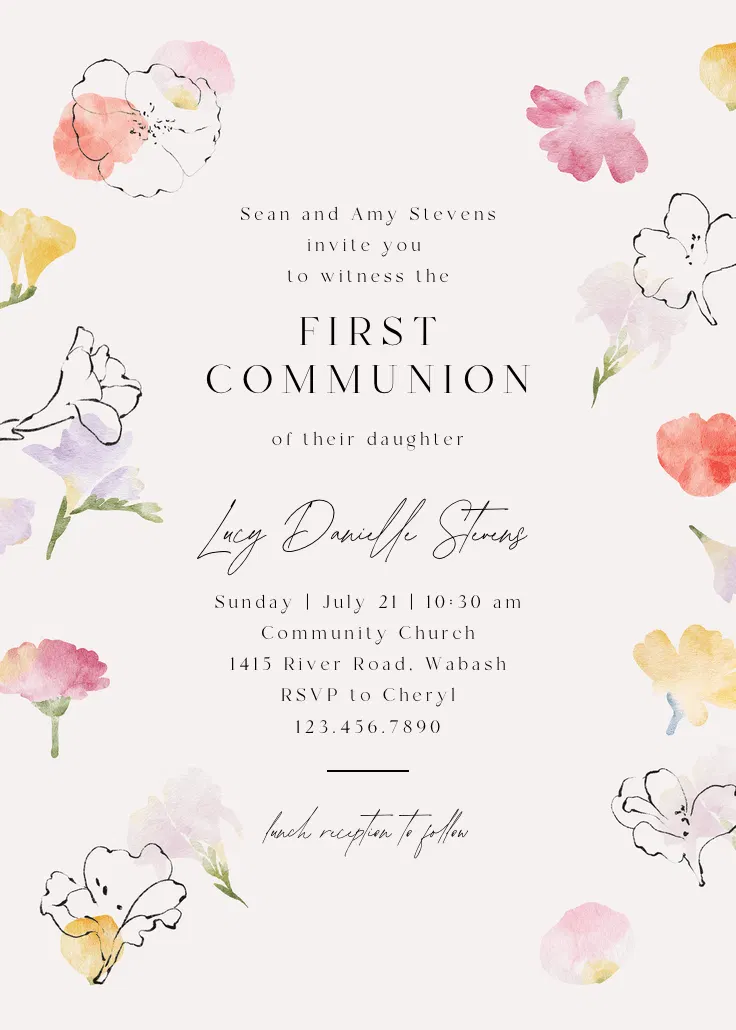 Floral stamps - first holy communion invitation