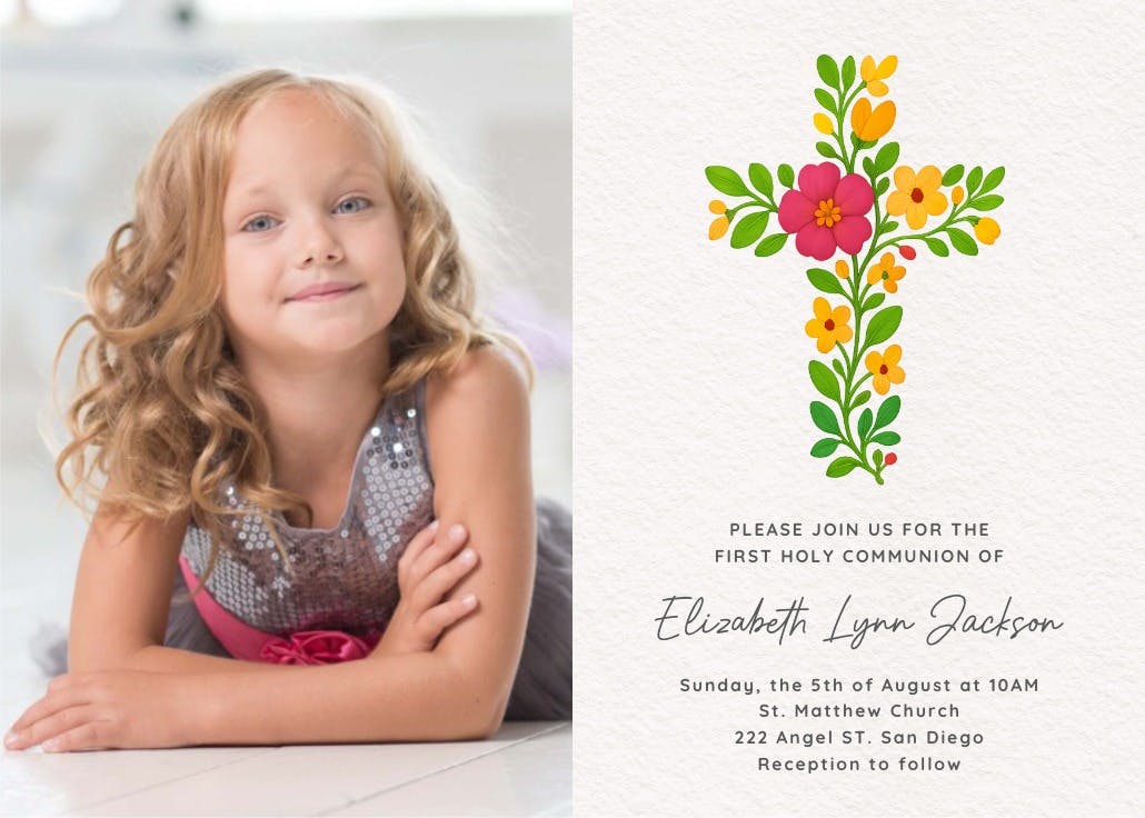 Flower cross with photo - first holy communion invitation