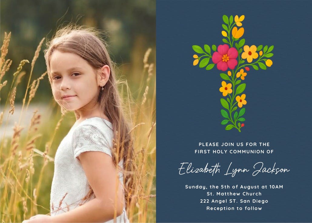 Flower cross with photo - invitación de comunión