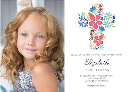 Flower Cross with Photo - First Holy Communion Invitation