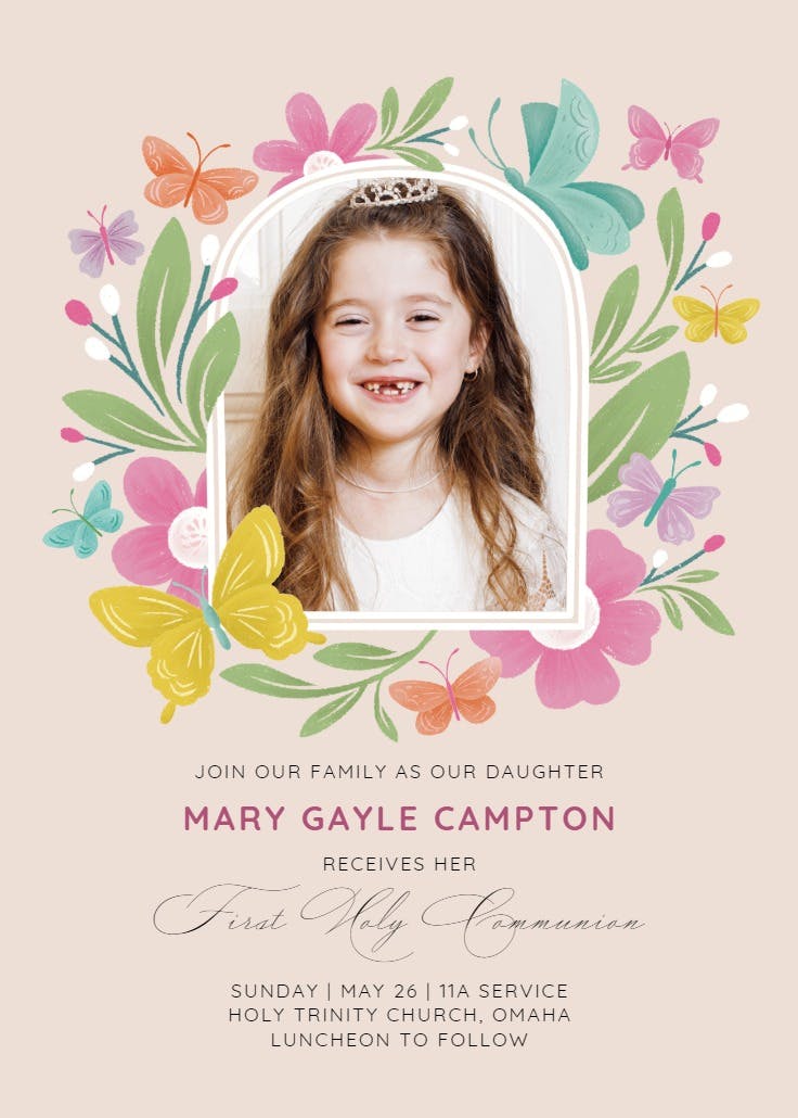 Fluttering garden - first holy communion invitation