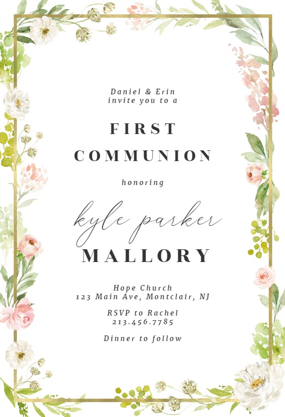 Frame and floral - first holy communion invitation