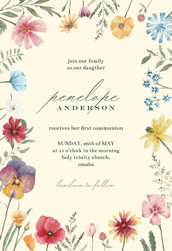 Fresh meadow flowers - first holy communion invitation
