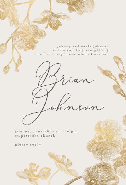 Gold Orchids - First Holy Communion Invitation