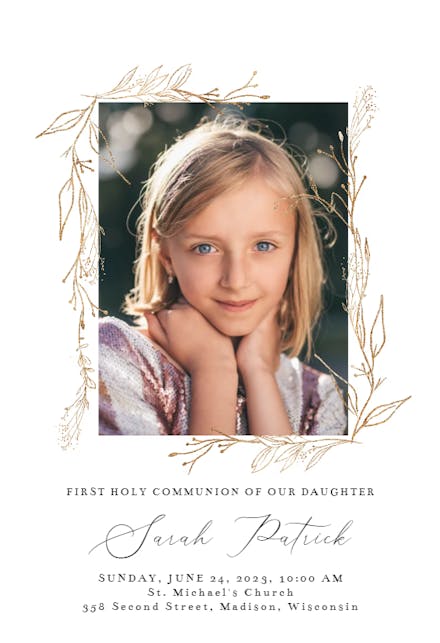 Golden Outline Branches - First Holy Communion Invitation