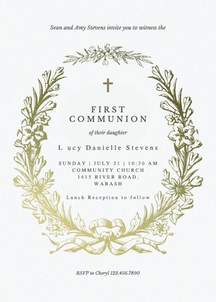 Monogram golden wreath - First Holy Communion Invitation Template ...
