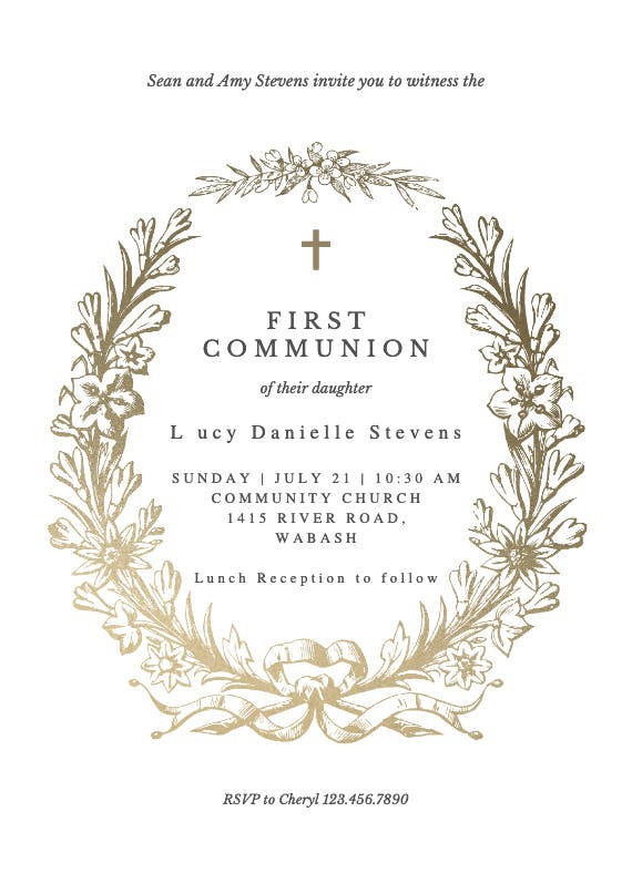 Golden wreath - first holy communion invitation