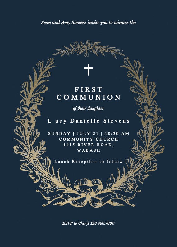 Golden wreath - first holy communion invitation