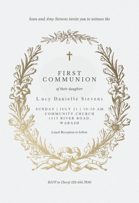 Golden Wreath First  Holy Communion Invitation  Template 
