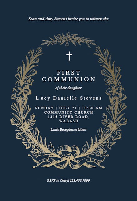 Golden Wreath - First Holy Communion Invitation Template | Greetings Island