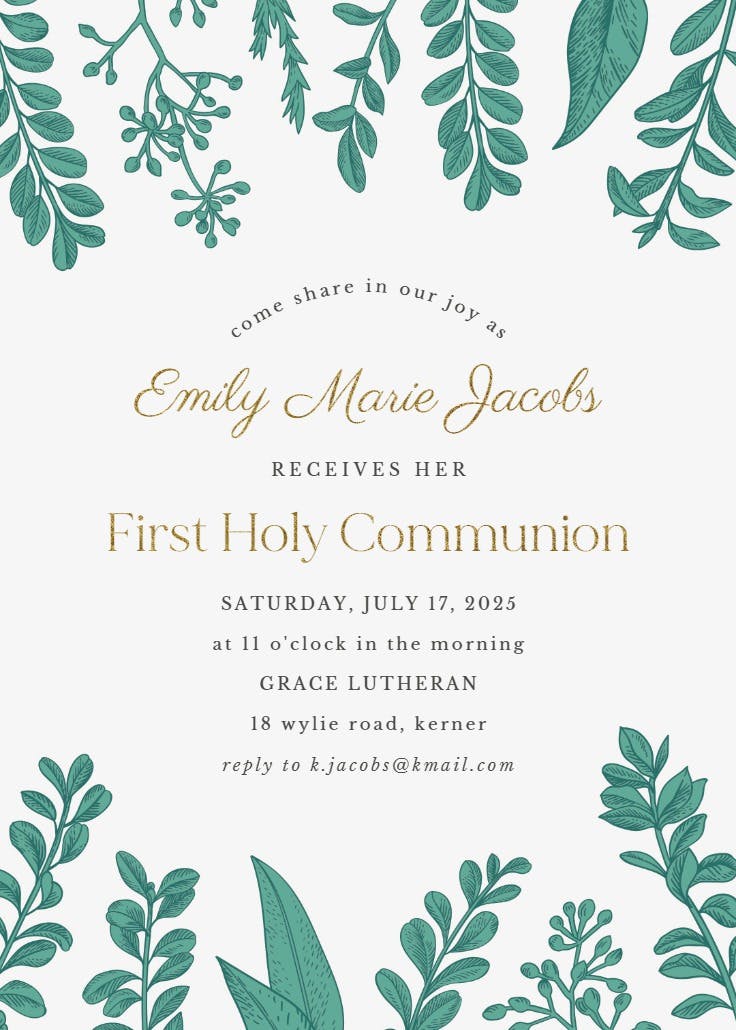 Graceful greenery - first holy communion invitation