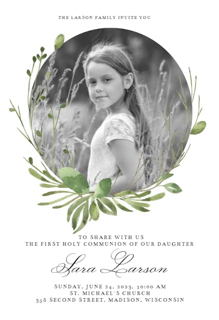 Greenery wreath - First Holy Communion Invitation