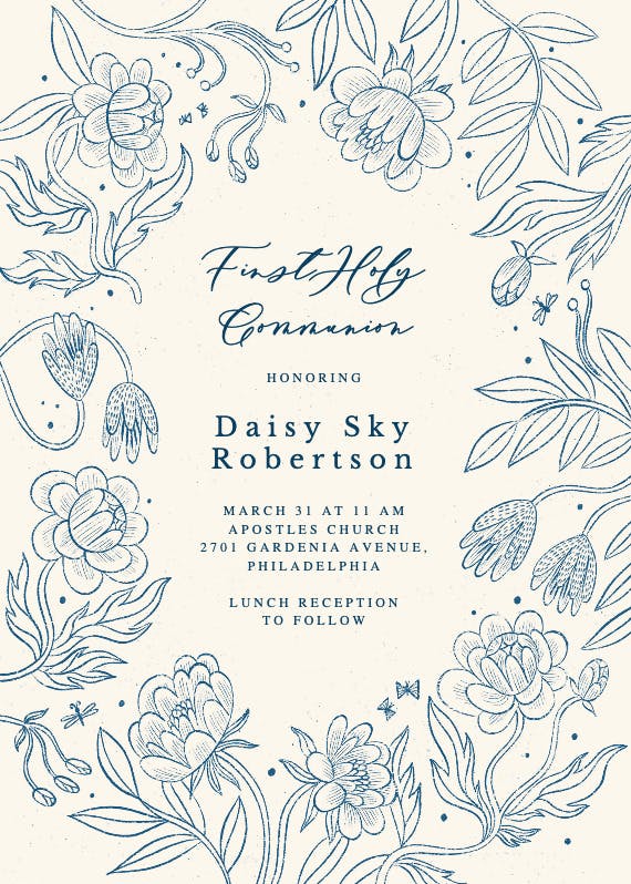 Line drawn floral - first holy communion invitation