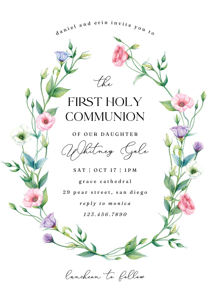 Graceful Flowers - First Holy Communion Invitation Template (Free ...