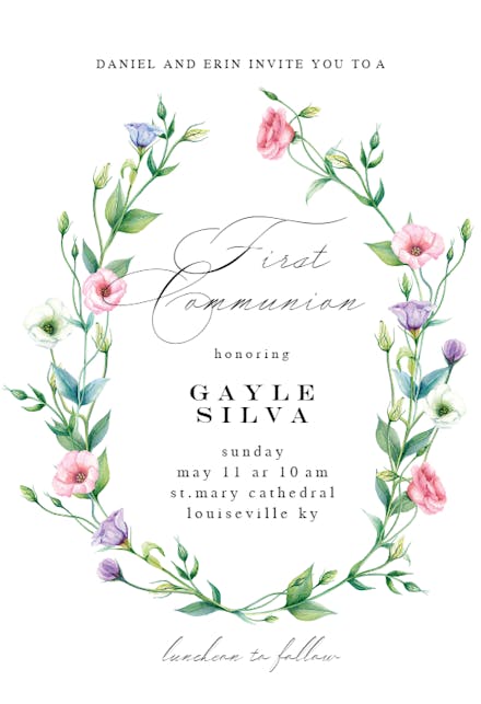 Lisianthus Wreath - First Holy Communion Invitation