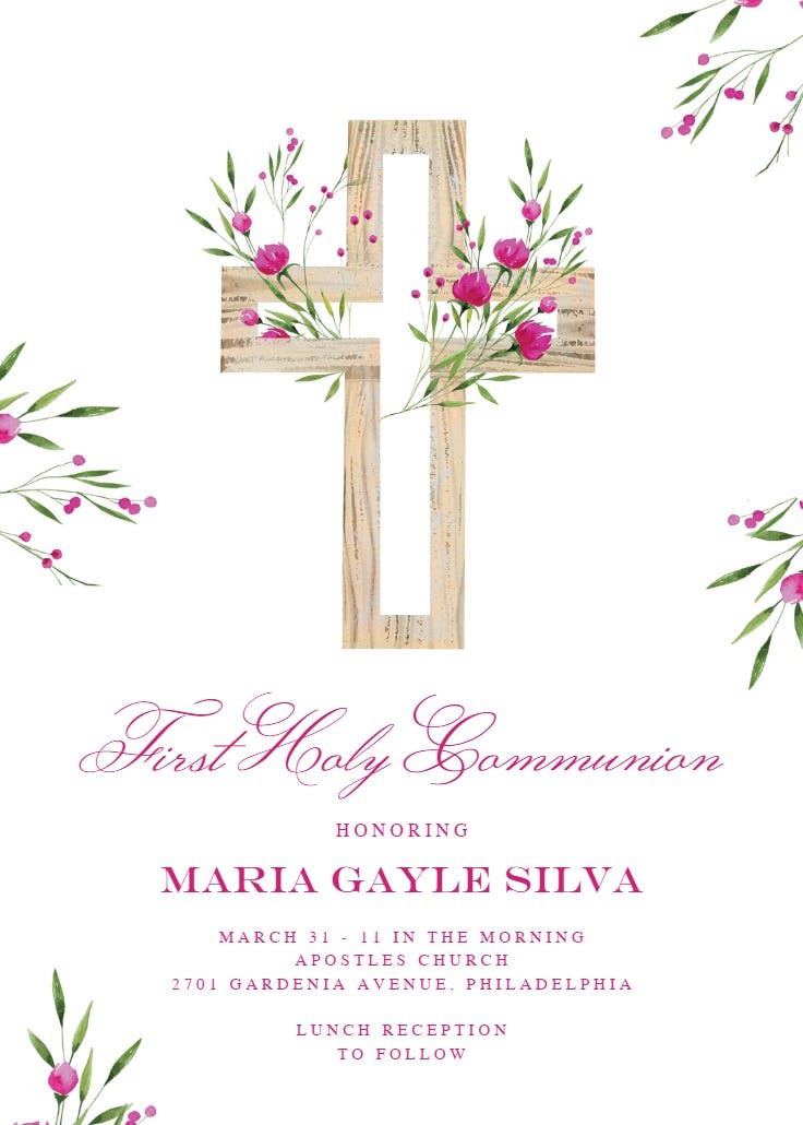 Magenta floral cross - first holy communion invitation