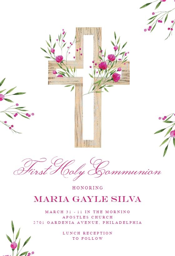 Magenta floral cross - first holy communion invitation