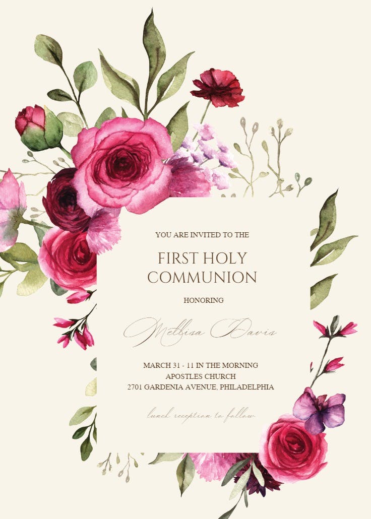 Magenta flowers - first holy communion invitation