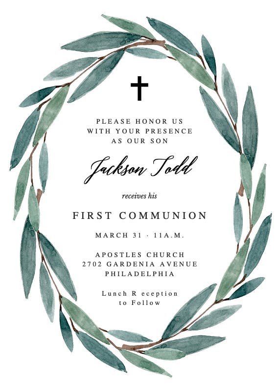 Modern leaves - first holy communion invitation