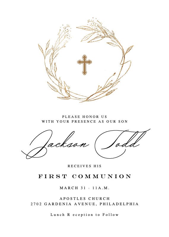 Monogram golden wreath -  invitación de comunión