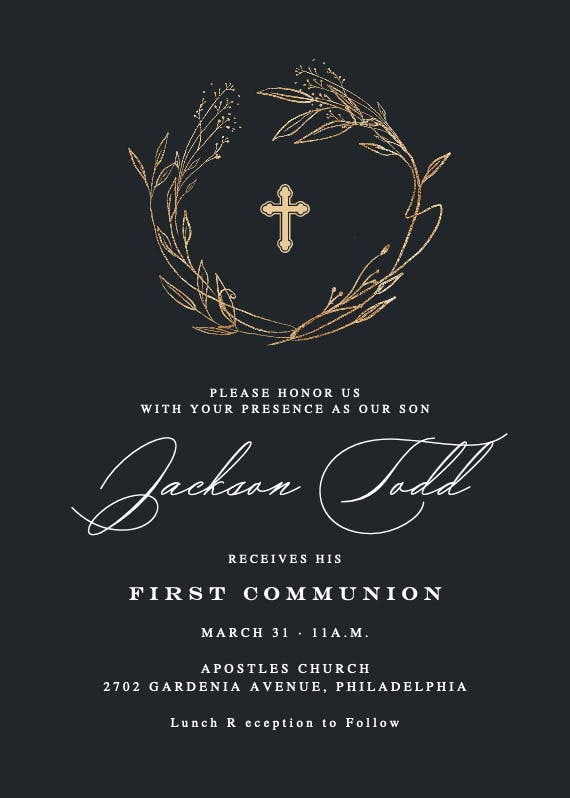 Monogram golden wreath - first holy communion invitation