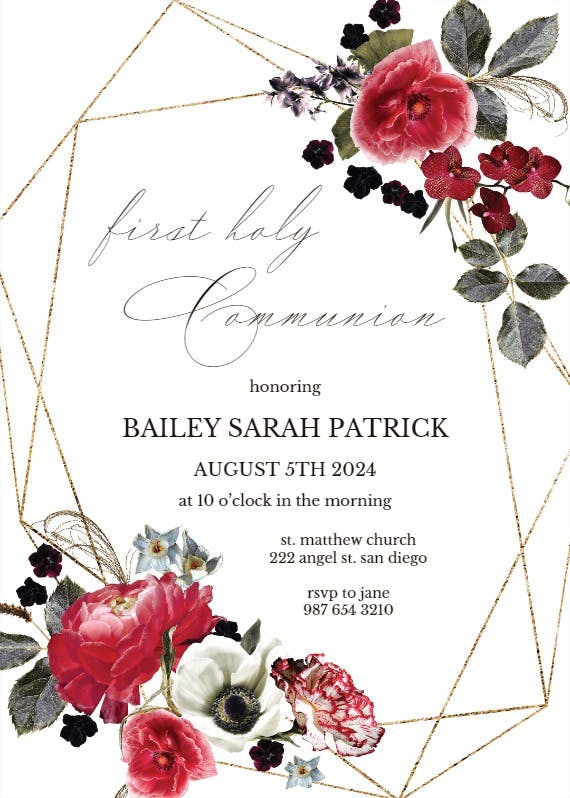 Moody flowers - first holy communion invitation