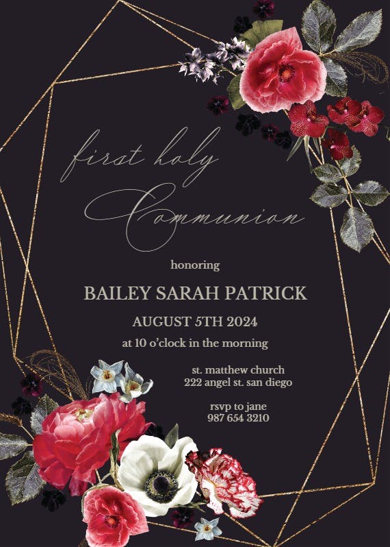 Moody flowers - first holy communion invitation