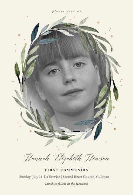 Olive leaves wreath - First Holy Communion Invitation