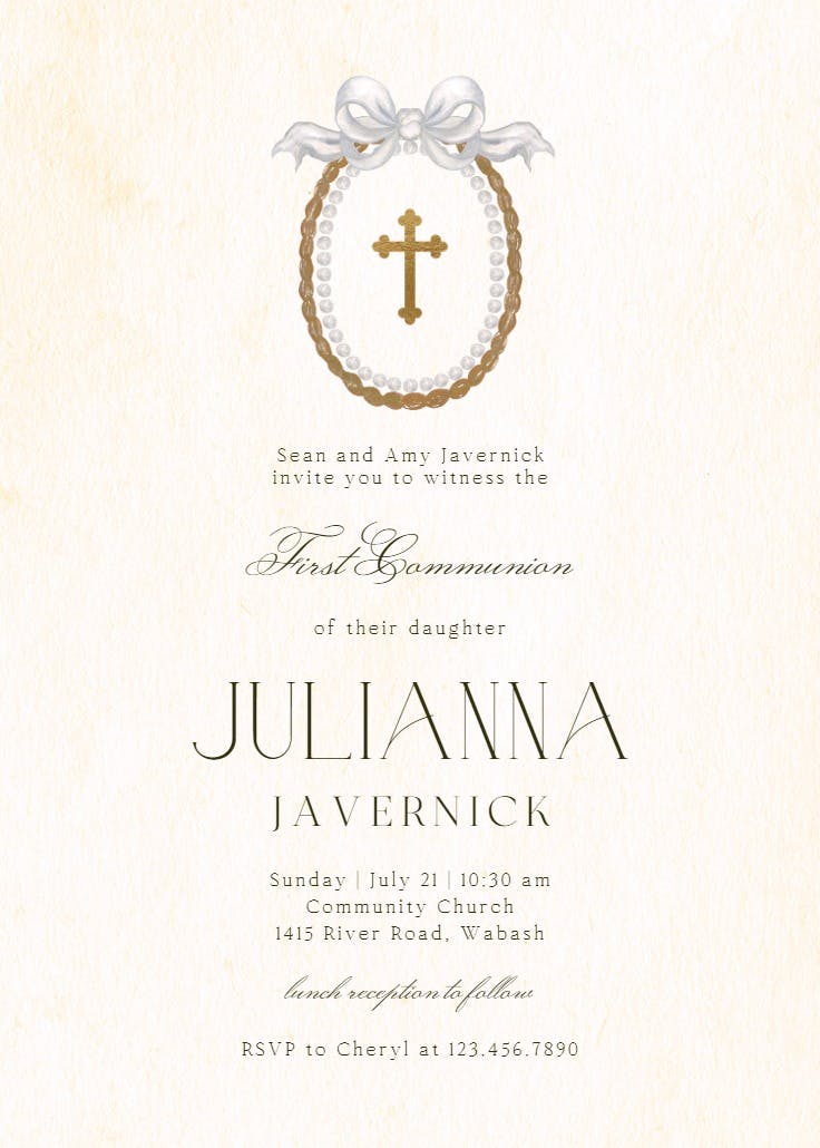 Ornate pearls - first holy communion invitation