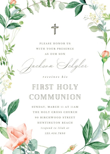 Peach And Greenery - First Holy Communion Invitation Template ...