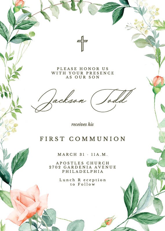 Peach and greenery frame - first holy communion invitation