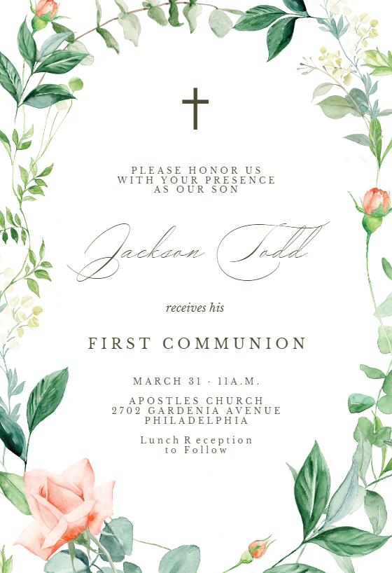 Double frame & leaves - First Holy Communion Invitation Template ...