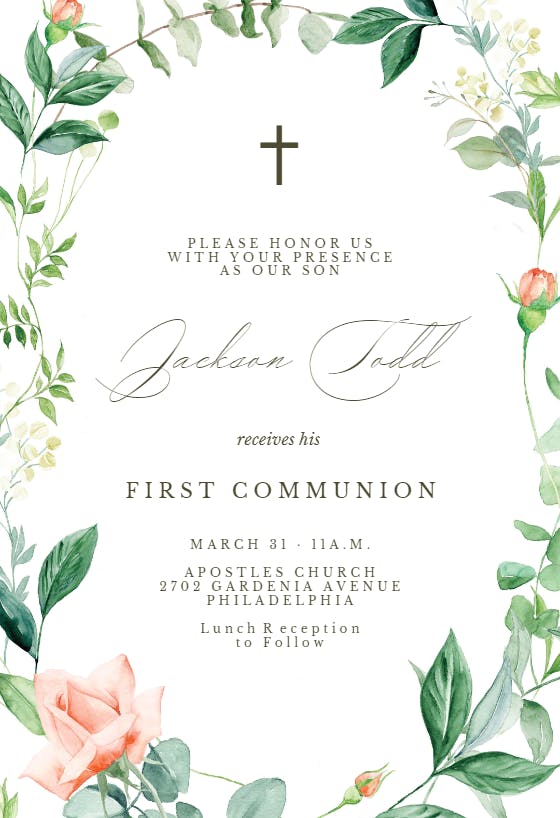 Peach And Greenery Frame - First Holy Communion Invitation Template ...