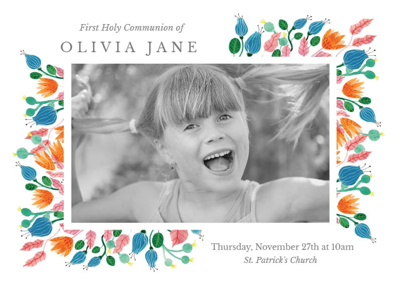 Pink leaves - first holy communion invitation
