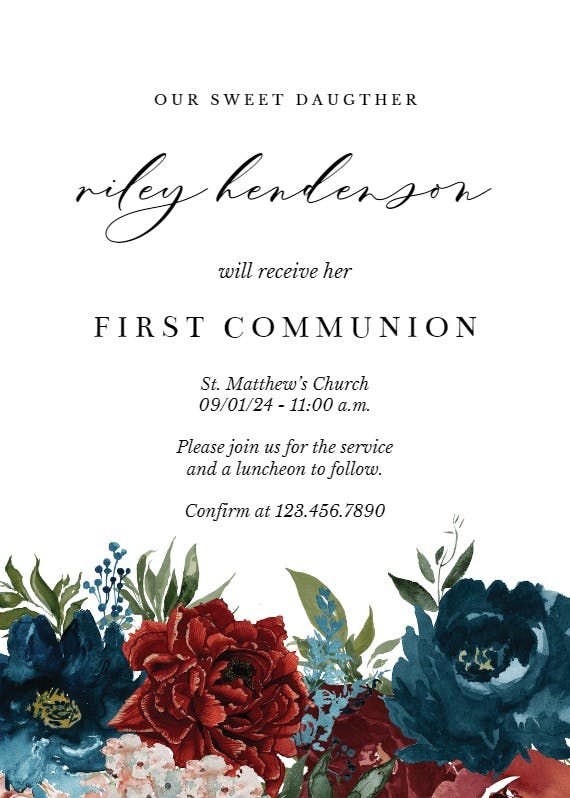 Purple flowers - first holy communion invitation