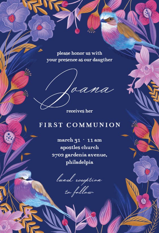 Purple nature frame - first holy communion invitation