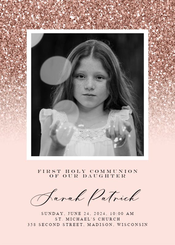 Rose gold glitter - first holy communion invitation