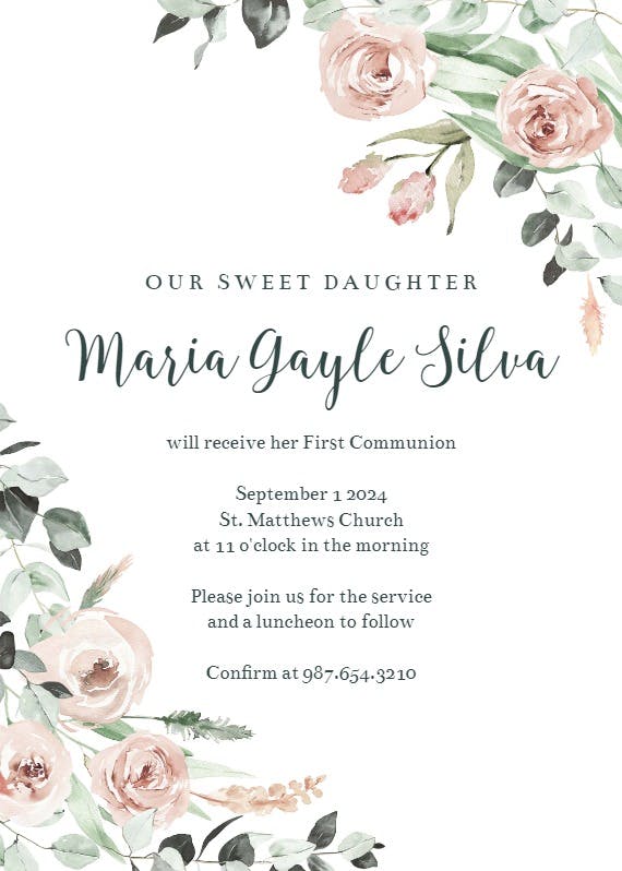 Rosey roses - first holy communion invitation