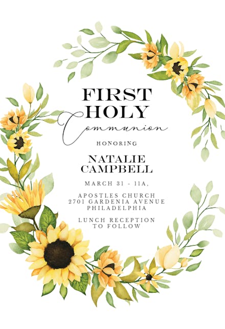 Sunflower open wreath - first holy communion invitation