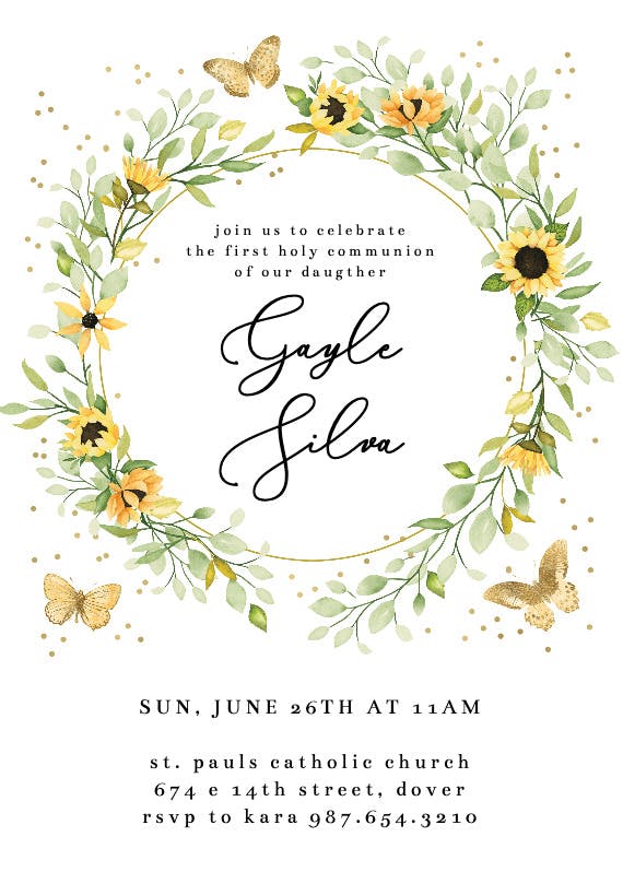 Sunflower wreath with butterflies - first holy communion invitation