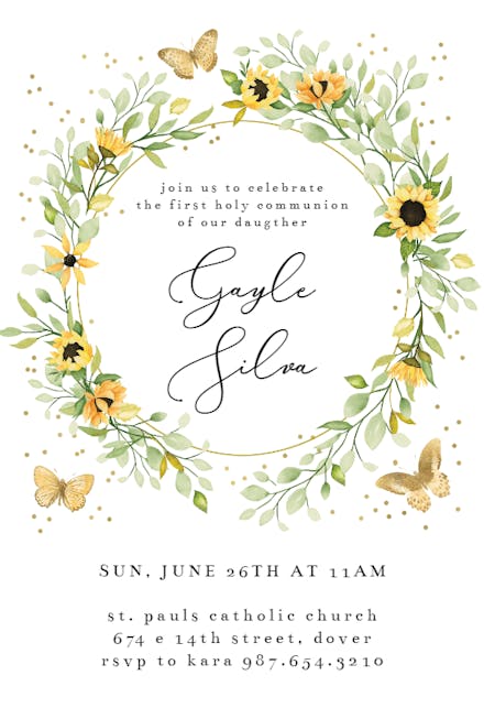 Sunflower Wreath with Butterflies - First Holy Communion Invitation