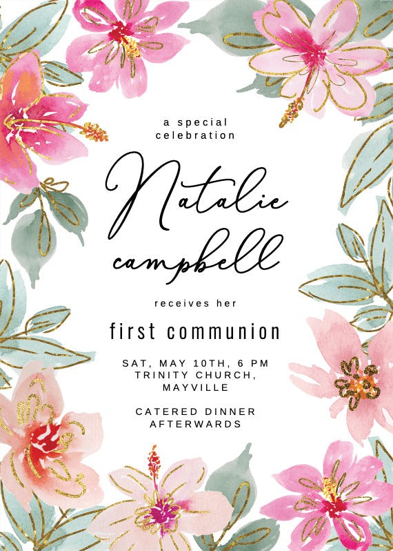 Tropical glitter flowers - first holy communion invitation