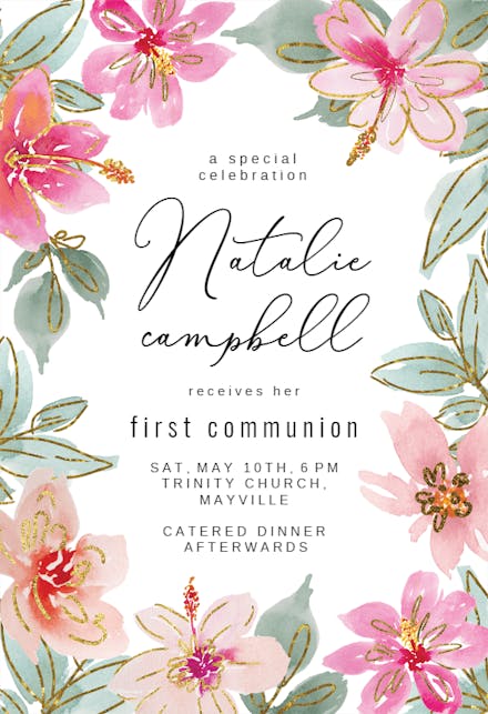 Tropical Glitter Flowers - First Holy Communion Invitation