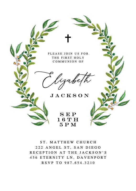 Watercolor Greenery - First Holy Communion Invitation Template (Free)