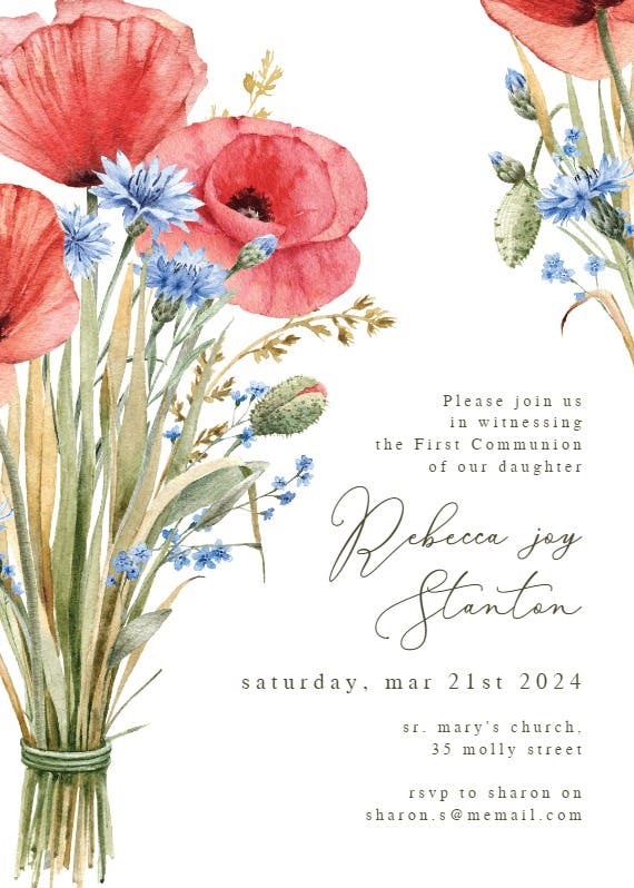 Watercolor poppies - first holy communion invitation